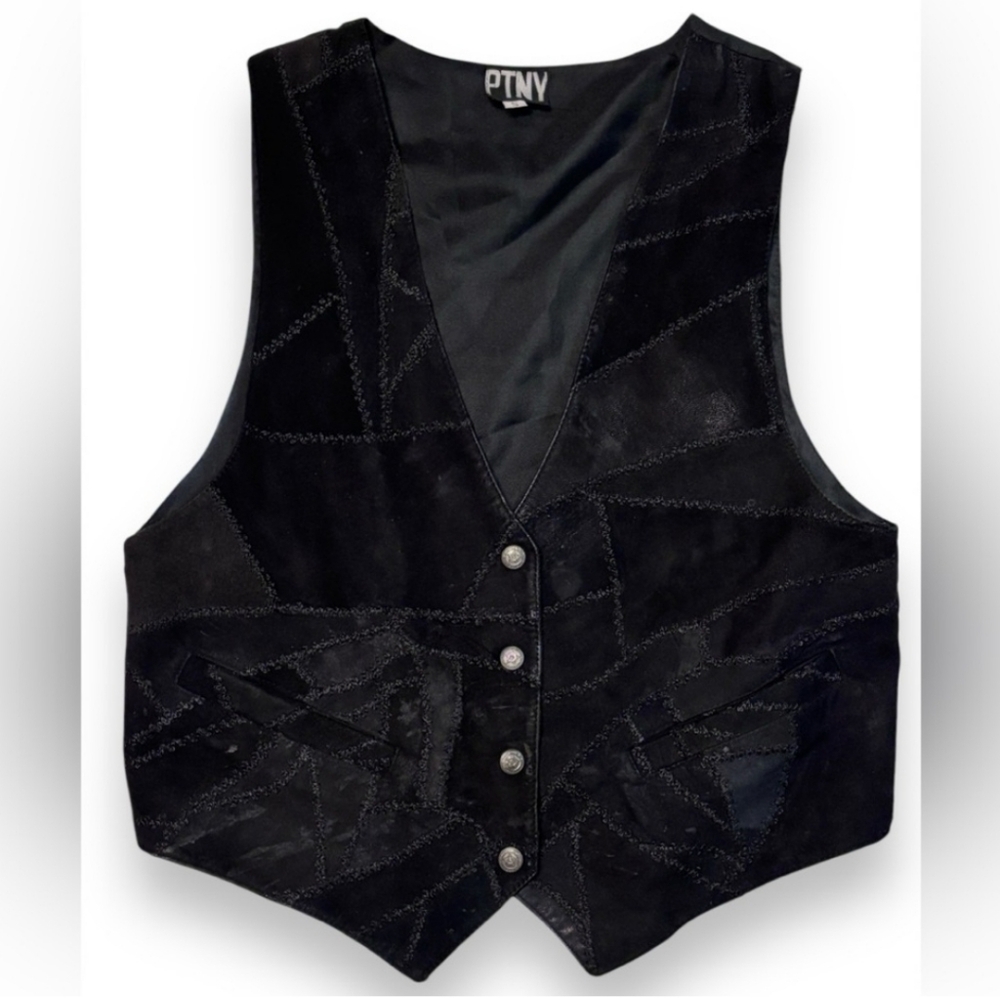 PTNY Black Patchwork Leather Snap Front Vest VINT… - image 6